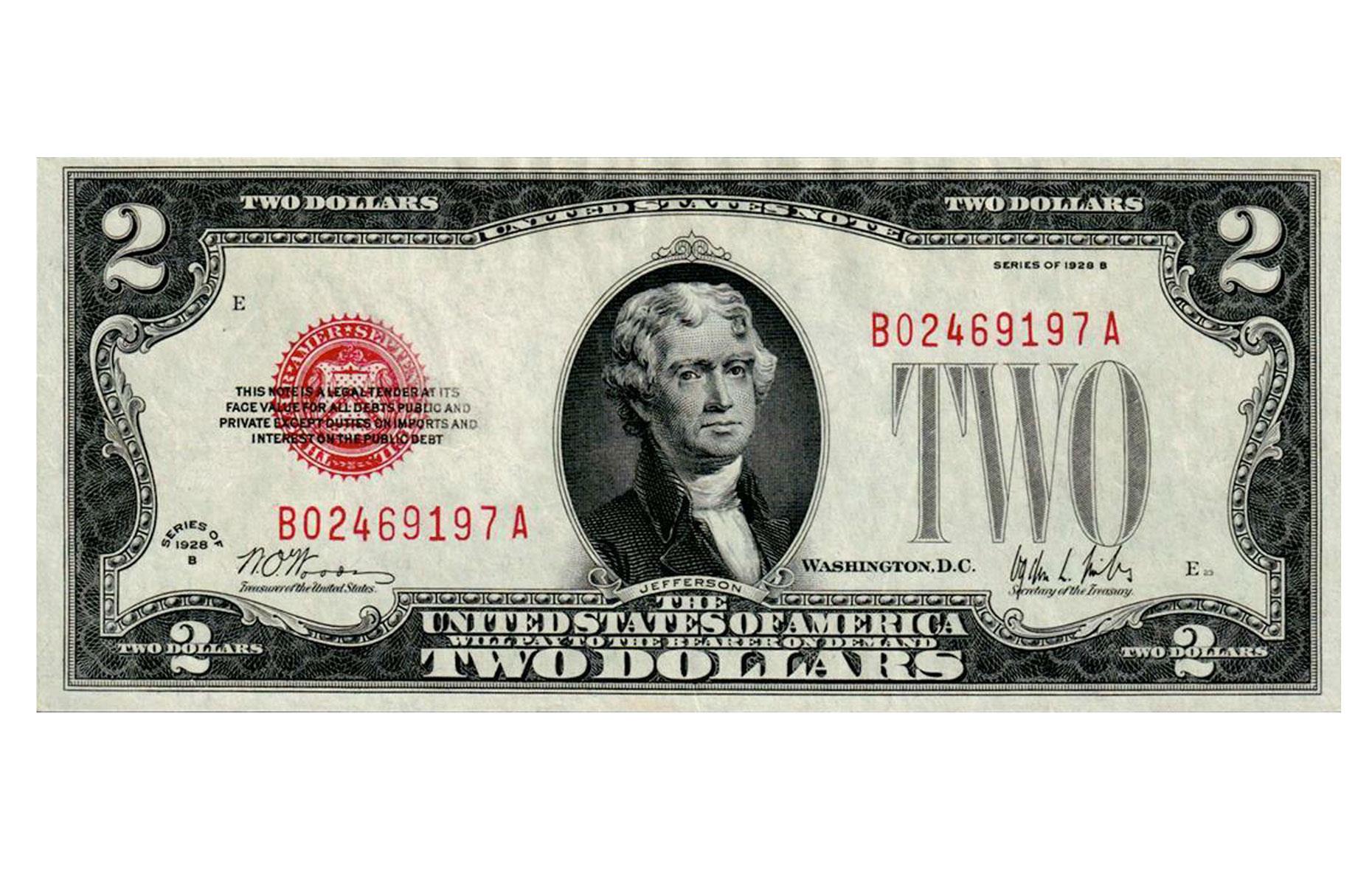 1928 red seal $2 bill: up to $380